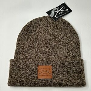 Grunt Style Beanie Hat Brown Marled Knit Cuffed Watch Cap Faux Leather Patch